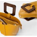 Custom Smooth Leather Wooden Handle Ladies Hand Bag Women Bucket Handbag